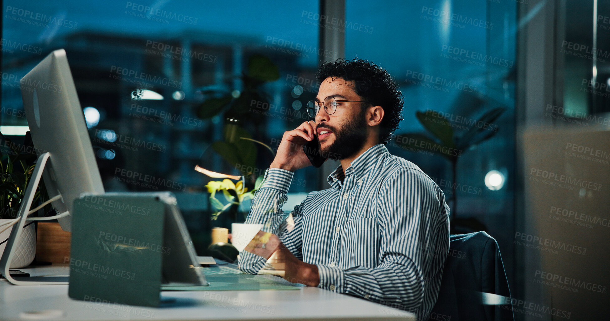 Buy stock photo Computer, night and phone call with broker man in office for project management deadline. Communication, trading and update with business person at work in evening for feedback, planning or review