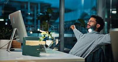 Buy stock photo Computer, night and stretching with business man in office for finance, investment or trading. Financial, money and stock market with tired broker in workplace for evening portfolio management