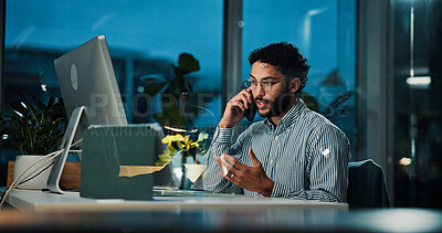 Buy stock photo Computer, night and phone call with business man in office for project management deadline. Communication, negotiation and update with employee at work in evening for feedback, planning or review