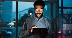Tablet, research and businessman in office at night analyzing stock market by window for trading. Digital technology, professional and male financial analyst with online finance report for investment