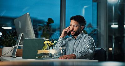 Buy stock photo Computer, night and phone call with man trading in office for project management deadline. Communication, negotiation and update with business broker at work in evening for stock marker review