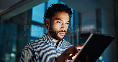 Buy stock photo Tablet, project and businessman in office at night analyzing stock market by window for trading. Digital technology, professional and male financial analyst with online finance report for investment.