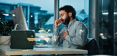 Buy stock photo Cough, sick and businessman in office with allergies, virus or symptoms of flu by desk. Illness, cold and financial manager with sore throat for viral infection, bronchitis or disease in workplace.