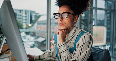 Buy stock photo Computer, glasses and thinking with business woman in office for update or review of information. Email, internet and reading with employee in workplace for networking, online planning or vision
