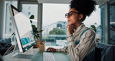 Buy stock photo Charts, computer screen and reading with business woman in office for update or review of information. Infographic,  internet and thinking with employee in workplace for development or statistics