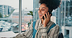 Happy, business woman or consultant with phone call in office for finance advice or discussion. Female person, agent or financial advisor with smile on mobile smartphone for conversation in workplace