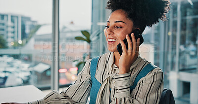 Buy stock photo Happy, business woman or consultant with phone call in office for finance advice or discussion. Female person, agent or financial advisor with smile on mobile smartphone for conversation in workplace
