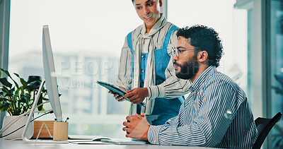 Buy stock photo Colleagues, discussion and collaboration with computer in office, journalist or planning on website. Reading, research and people with tech for story, creative and teamwork for project in newsroom