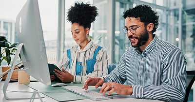 Buy stock photo Happy, business people and research with computer or tablet for company finance or report in office. Businessman, woman or accountant with technology for financial planning or budget in workplace