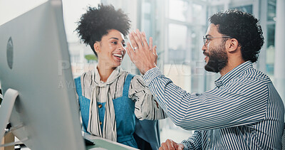 Buy stock photo Computer, high five and success with business people in office together for goals or target. Bonus, celebration or milestone with man and woman employee in workplace for achievement or motivation