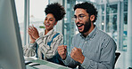 Applause, computer and fist pump with business people in office together for goals or target. Bonus, celebration or success with man and woman employee in workplace for achievement or motivation