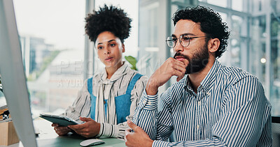 Buy stock photo Colleagues, team and collaboration with computer in office, online and reporter with article on web. Reading, research and people with tech for story, creative and planning for project in newsroom