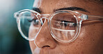 Person, programmer and eyes with glasses for coding, software development or research in office. Closeup, employee or vision with lens, spectacles or sight for programming app, information or API