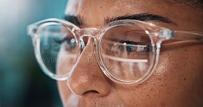 Buy stock photo Person, programmer and eyes with glasses for coding, software development or research in office. Closeup, employee or vision with lens, spectacles or sight for programming app, information or API