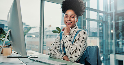 Buy stock photo Portrait, woman and confident with computer in office, employee and graphic design with tech or app. Happy, African person and web designer with pride in creative agency, online and brand identity