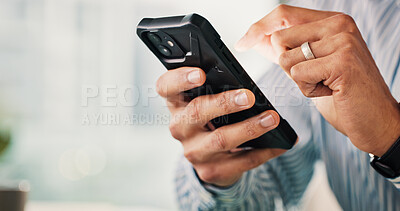 Buy stock photo Business person, hands and research with phone in office for social media, software or update. Closeup, employee or user with mobile smartphone for online browsing, network service or connectivity