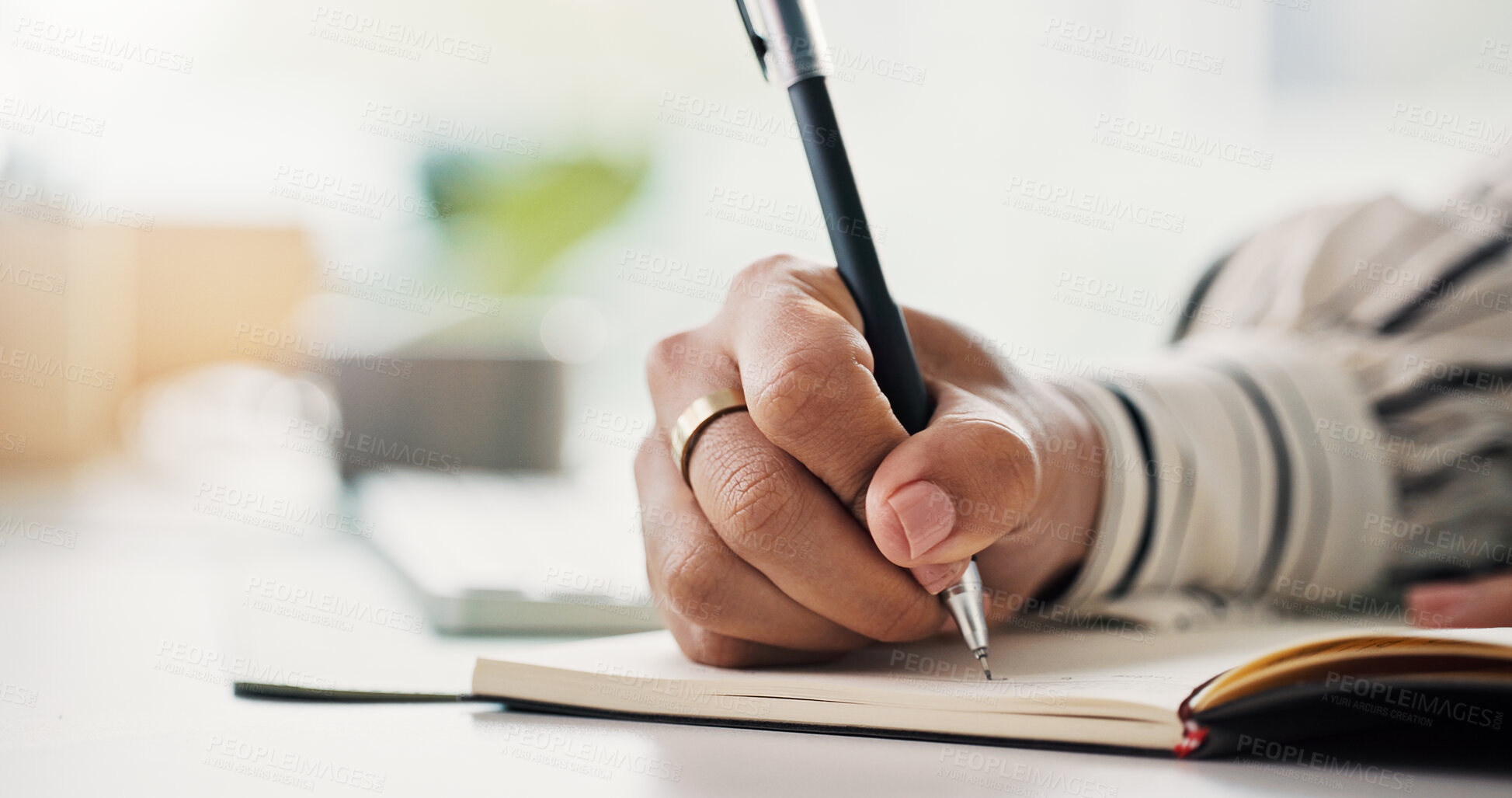 Buy stock photo Hand, pen and writing with business person at desk in office for checklist, memo or reminder. Calendar, notebook or schedule and employee at work for planning agenda with diary or journal entry