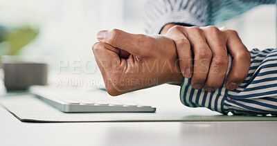 Buy stock photo Carpal tunnel, injury and businessman in office with wrist pain, accident or joint inflammation. Sore, hands and corporate employee with muscle sprain, discomfort or fibromyalgia in workplace.