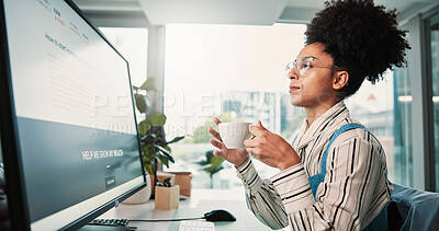 Buy stock photo Woman, screen and computer with coffee in office for finance article, start investing and research. Female person, beverage and PC for step guidance, funding information and startup for wealth growth