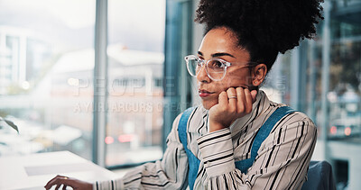 Buy stock photo Bored, reading and thinking with business woman in office for online planning or research. Information, report and review with serious employee in workplace for administration or problem solving