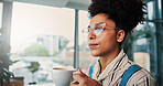 Woman, reading and computer with coffee in office for feedback, information and article post. Journalist, drink and glasses reflection of pc for proofreading news, update draft and story publication
