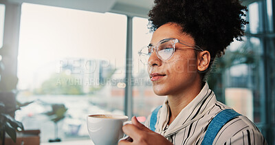 Buy stock photo Woman, reading and computer with coffee in office for feedback, information and article post. Journalist, drink and glasses reflection of PC for proofreading news, update draft and story publication