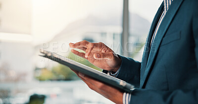 Buy stock photo Finance, hands and tablet with business person in office for financial research or review. Accounting, app and report with corporate employee in workplace for professional asset or risk management