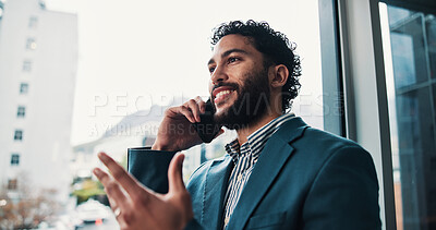 Buy stock photo Happy, businessman and consultant with phone call in office for finance discussion or negotiation. Man, agent or financial advisor talking with mobile smartphone for business proposal or opportunity