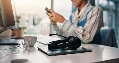 Buy stock photo Break, call center and support with headset on desk in office for communication, contact us or help. Assistance, business and consulting with woman agent on phone in workplace for customer service