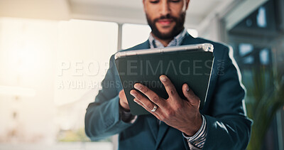 Buy stock photo Agenda, hands and tablet with business man in office for financial research or review. App, finance and report with corporate accountant in workplace for professional asset or risk management