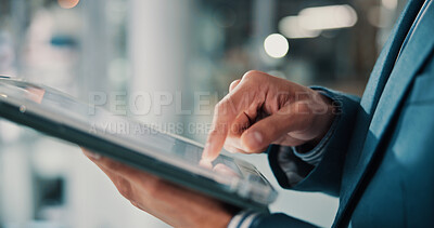 Buy stock photo Accounting, hands and tablet with business person in office for financial research or review. App, finance and report with corporate employee in workplace for professional asset or risk management