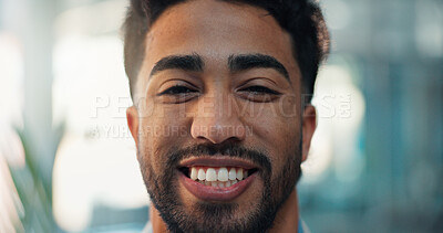 Buy stock photo Happy, professional and portrait of businessman in office with confidence for corporate career. Opportunity, smile and male financial manager from Colombia with pride for finance job in workplace.