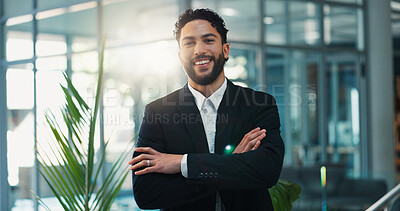 Buy stock photo About us, arms crossed and portrait of business man in office for friendly welcome to corporate job. Agency, development and opportunity with happy employee in suit for workplace satisfaction