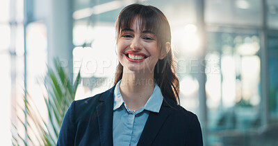 Buy stock photo Financial advisor, happy and portrait of business woman with pride, confidence and smile in office. Corporate, professional and person for consultant career, ambition or opportunity at finance agency