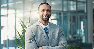 Buy stock photo Agency, arms crossed and portrait of business man in office for friendly introduction to corporate job. About us, development and opportunity with happy employee in suit for workplace satisfaction