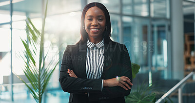 Buy stock photo Arms crossed, business and portrait of black woman in office for friendly welcome to corporate job. About us, development and opportunity with happy employee in suit for workplace satisfaction