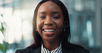 Buy stock photo Financial advisor, happy and portrait of business black woman with pride, confidence and smile in office. Corporate, professional and person for consultant career, ambition and opportunity in finance