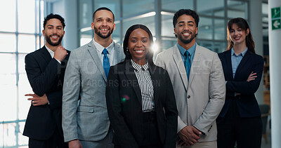Buy stock photo Business, people and group in portrait at law firm for corporate justice, about us or career pride. Diversity, lawyer team and happy for legal internship, professional growth and skills development