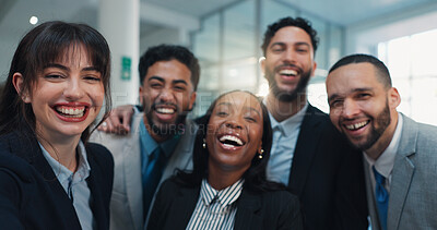 Buy stock photo Happy, portrait or business people laughing with team in office for company get together or unity. Face, group or excited employees with smile in joy for corporate friendship or friendly organization
