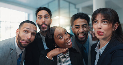 Buy stock photo Business people, funny face and team selfie in office with tongue out, silly and goofy. Portrait POV, group and picture of corporate workers with friends for comic photo, social media post and memory
