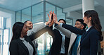 Group, business and people high five in office for teamwork, celebration and company achievement. Staff, hands together and support with solidarity, motivation and employees collaboration for goals