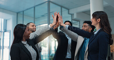 Buy stock photo Group, business and people high five in office for teamwork, celebration and company achievement. Staff, hands together and support with solidarity, motivation and employees collaboration for goals