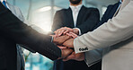 Hands, stack and business people with teamwork, support or corporate collaboration. Together, solidarity and group of workers with cooperation for goal, motivation and target with synergy in office