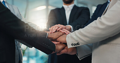 Buy stock photo Hands, stack and business people with teamwork, support or corporate collaboration. Together, solidarity and group of workers with cooperation for goal, motivation and target with synergy in office