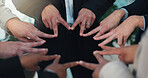 Star hands, partnership and business people in office for solidarity, unity or teamwork motivation. Collaboration, cooperation and group of employees with fingers together in circle at workplace.