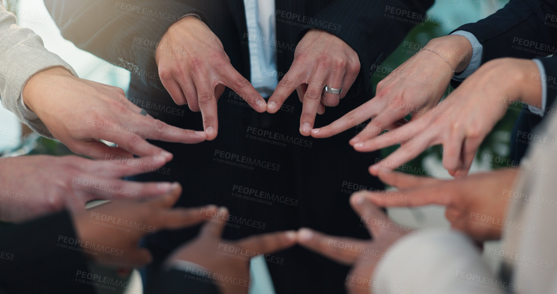 Buy stock photo Star hands, partnership and business people in office for solidarity, unity or teamwork motivation. Collaboration, cooperation and group of employees with fingers together in circle at workplace.