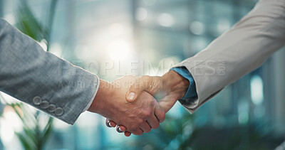 Buy stock photo Contract, handshake and welcome with business people in office for agreement or partnership. B2B, meeting and thank you with employee team shaking hands in workplace for deal, hiring or recruitment