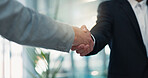 Handshake, meeting and welcome with business people in office for agreement or partnership. B2B, contract and thank you with employee team shaking hands in workplace for deal, hiring or recruitment