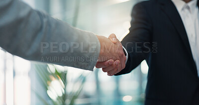 Buy stock photo Handshake, meeting and welcome with business people in office for agreement or partnership. B2B, contract and thank you with employee team shaking hands in workplace for deal, hiring or recruitment