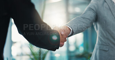Buy stock photo Handshake, meeting and thank you with business people in office for agreement or partnership. B2B, contract and welcome with employee team shaking hands in workplace for deal, hiring or recruitment